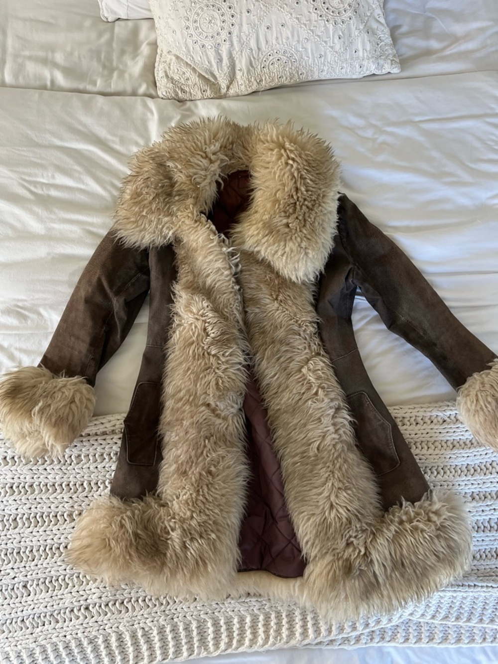 Women's Vintage Penny Lane Brown Suede Shearling Coat with Beige Fur Trim